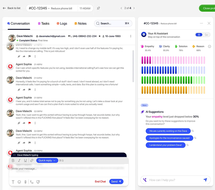 Koios AI agent workspace: a live customer conversation beside AI empathy, clarity and solution scores with suggested replies