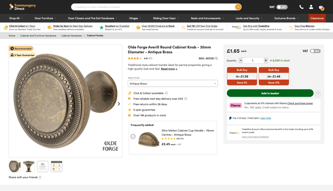 After: the redesigned product page for the same Olde Forge knob, with a sticky purchase panel, bulk buy tiers, stock count and delivery promises above the fold