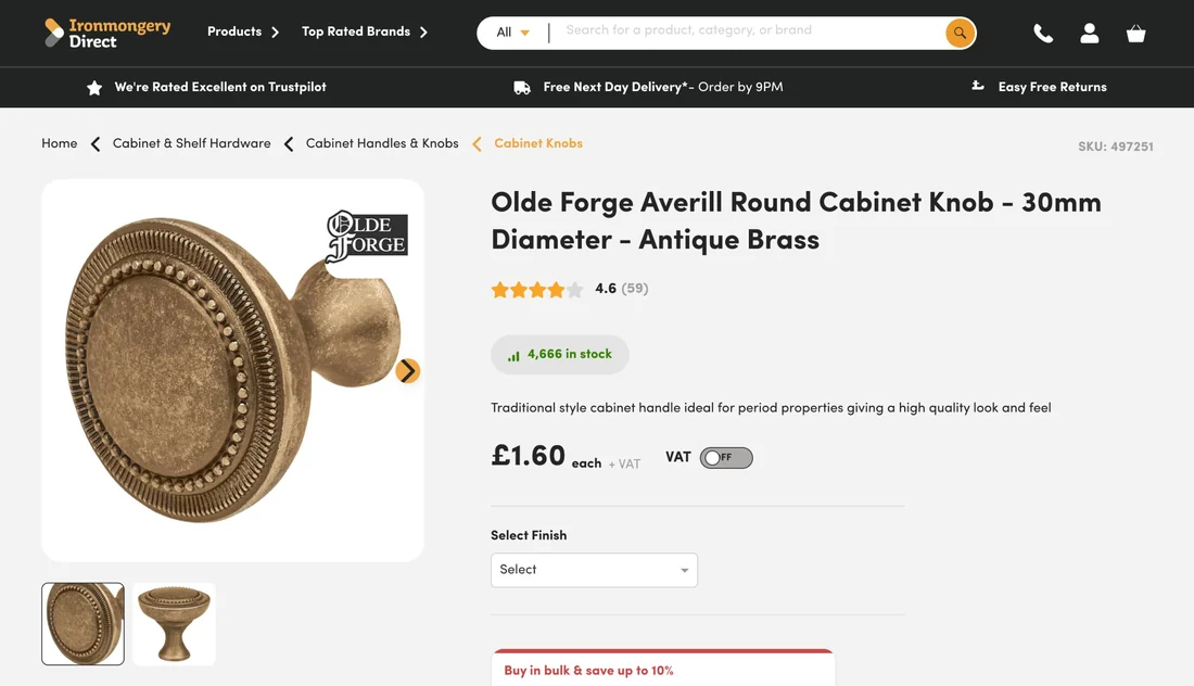 Before: the original product page for the Olde Forge Averill cabinet knob