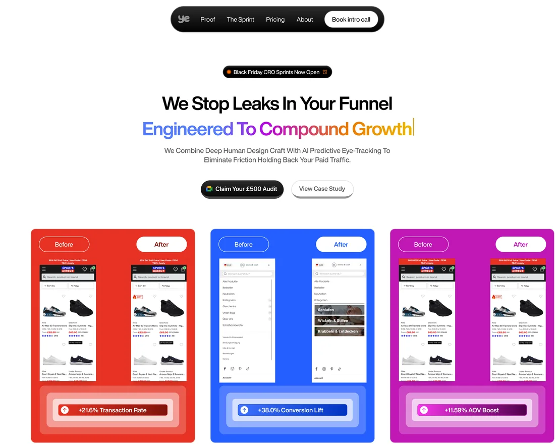 Yield Engine landing page: hero headline, audit call to action and before and after CRO results